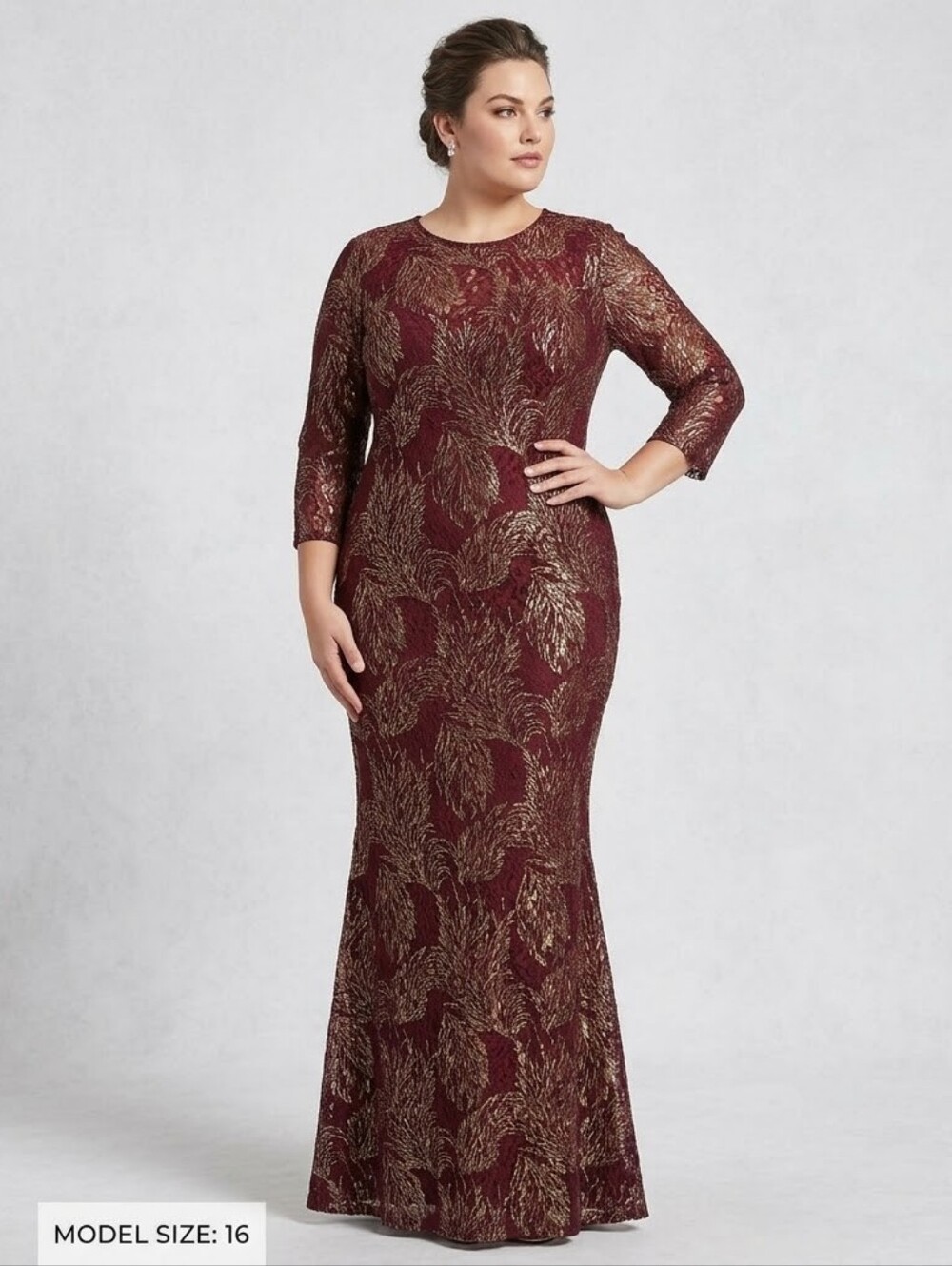 Marina Women's Metallic Foiled Lace Maxi Gown In Burgundy/Gold Sz 16